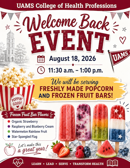Poster advertising the Welcome Back Event on August 18, 2026 at 11:30am
