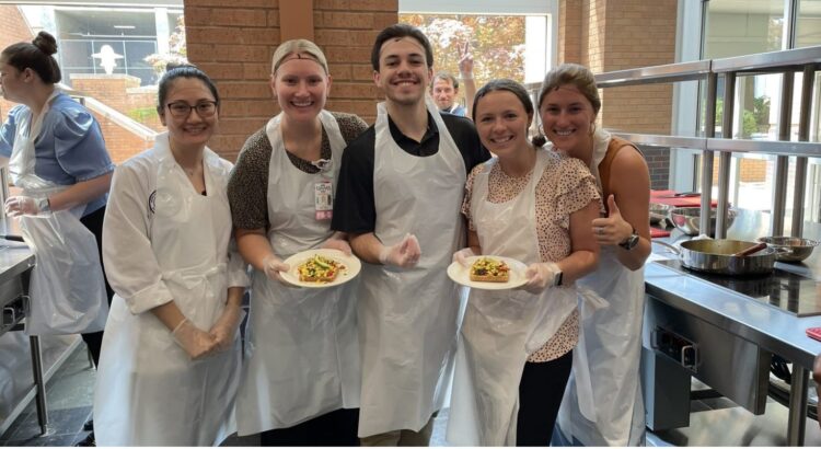 Members of the Class of 2023 during the Clinical Nutrition Course Kitchen Practical  Front Row: Irene Tran, Heather Jones, Marshal Witt, Skylar Davis, Hannah Brantley  Back row: Ryan Toliver 